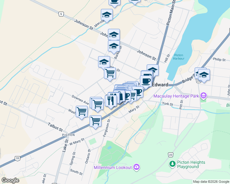 map of restaurants, bars, coffee shops, grocery stores, and more near 47 King Street in Prince Edward County