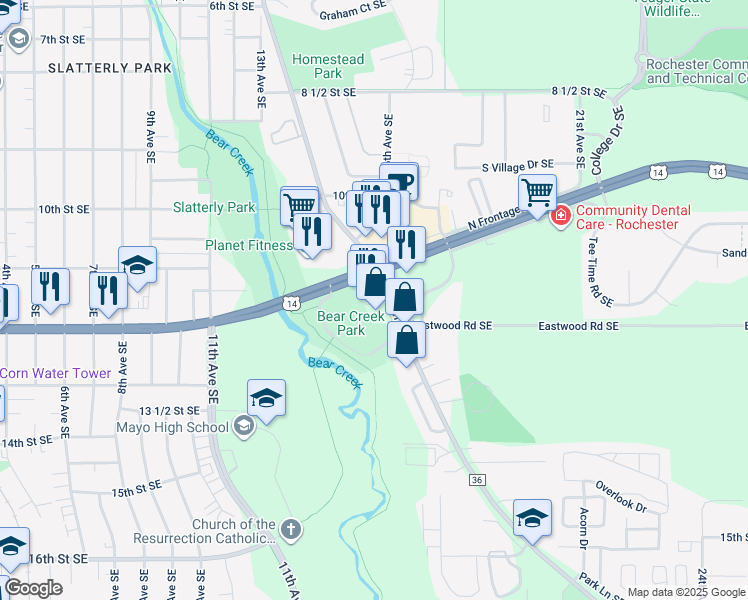 map of restaurants, bars, coffee shops, grocery stores, and more near 1207 Marion Road Southeast in Rochester