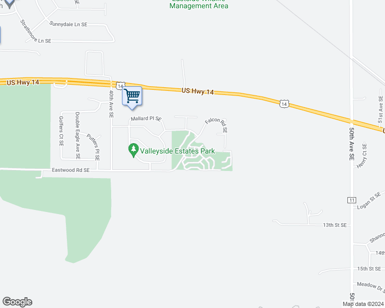 map of restaurants, bars, coffee shops, grocery stores, and more near 1111 Killdeer Lane Southeast in Rochester