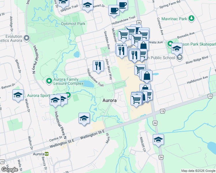 map of restaurants, bars, coffee shops, grocery stores, and more near 180 John West Way in Aurora