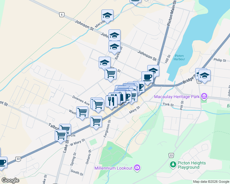 map of restaurants, bars, coffee shops, grocery stores, and more near 32 Elizabeth Street in Prince Edward