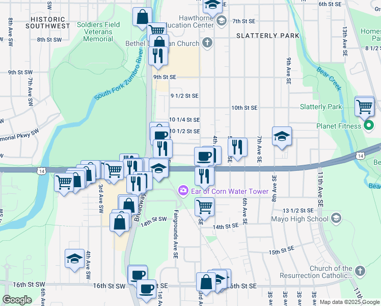 map of restaurants, bars, coffee shops, grocery stores, and more near 221 11 1/2 Street Southeast in Rochester