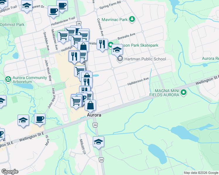 map of restaurants, bars, coffee shops, grocery stores, and more near 80 Barr Crescent in Aurora