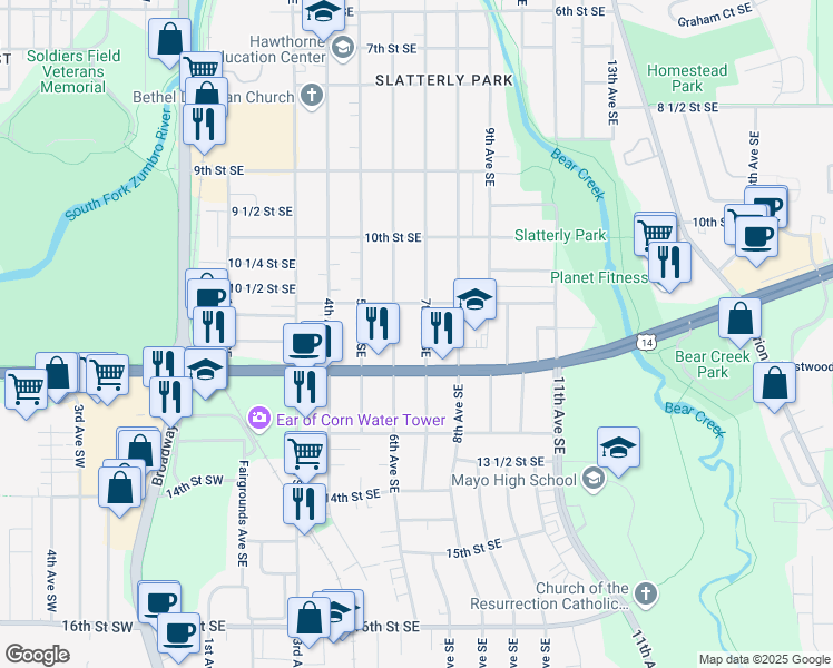 map of restaurants, bars, coffee shops, grocery stores, and more near 1111 7th Avenue Southeast in Rochester