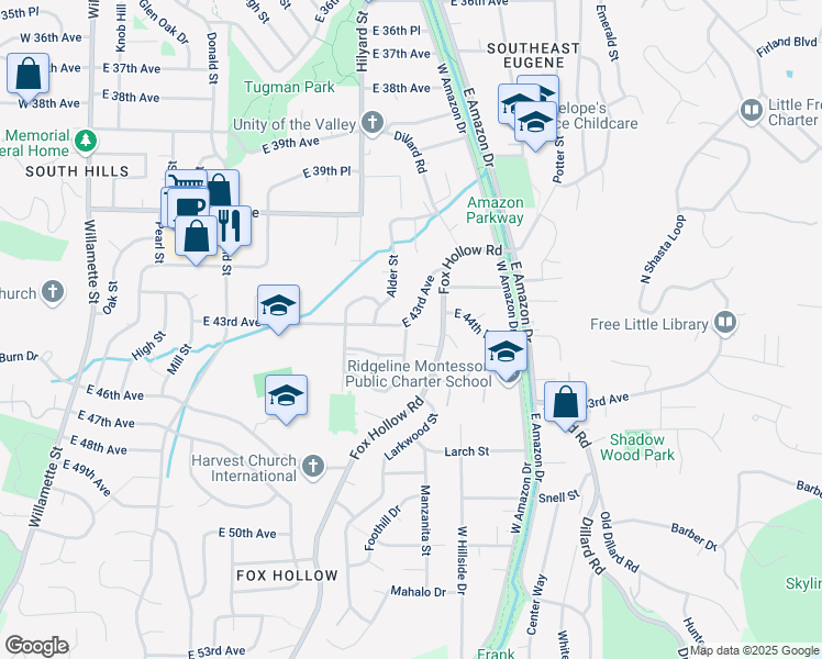 map of restaurants, bars, coffee shops, grocery stores, and more near 870 East 43rd Avenue in Eugene