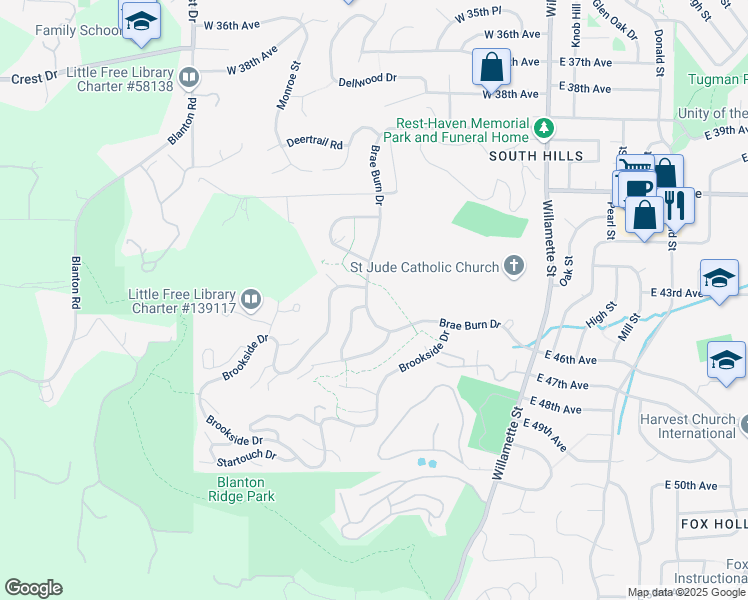 map of restaurants, bars, coffee shops, grocery stores, and more near 4210 Edgewood Path #2 in Eugene