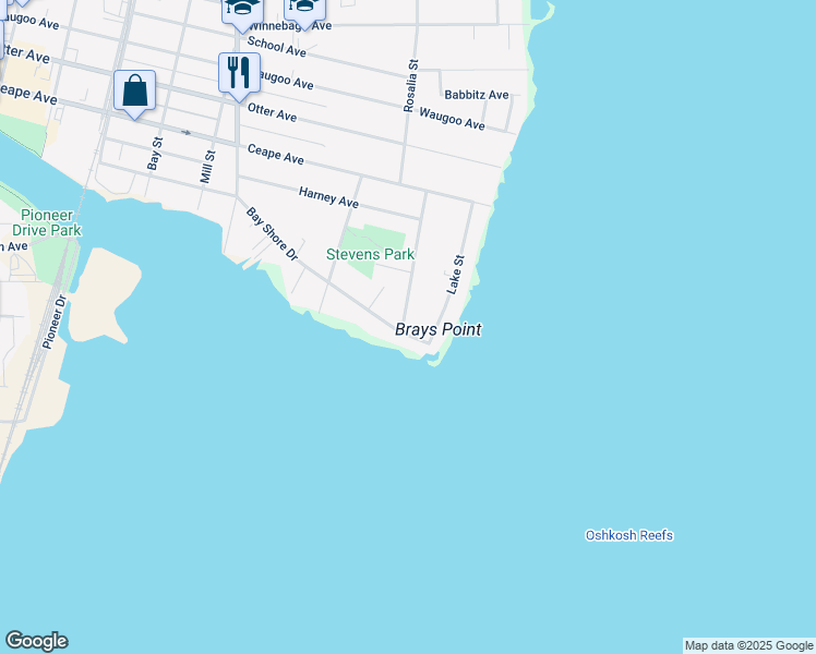 map of restaurants, bars, coffee shops, grocery stores, and more near 9 Eveline Street in Oshkosh