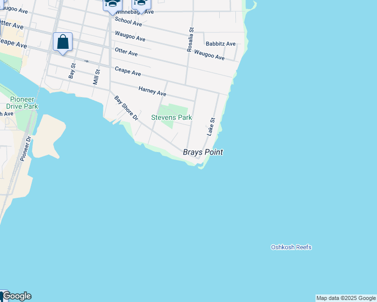 map of restaurants, bars, coffee shops, grocery stores, and more near 9 Eveline Street in Oshkosh