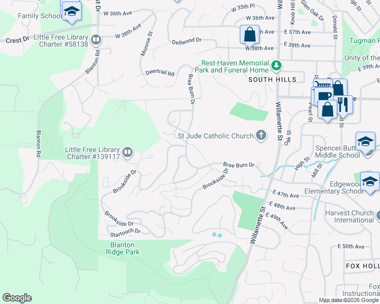 map of restaurants, bars, coffee shops, grocery stores, and more near 4210 Edgewood Path #2 in Eugene