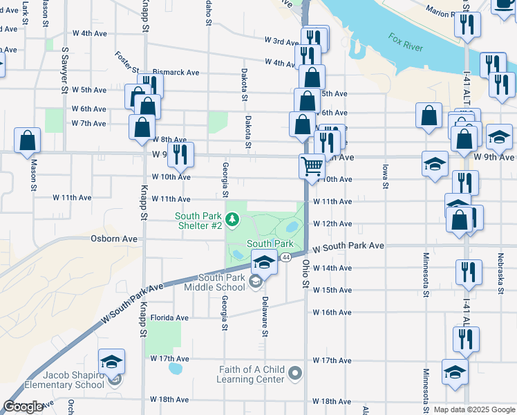 map of restaurants, bars, coffee shops, grocery stores, and more near 713 West 11th Avenue in Oshkosh