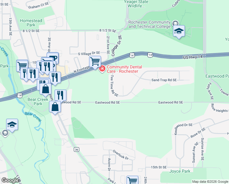 map of restaurants, bars, coffee shops, grocery stores, and more near 2343 Tee Time Road Southeast in Rochester