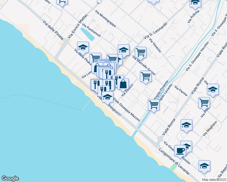 map of restaurants, bars, coffee shops, grocery stores, and more near 11 Piazza G. Pellerano in Massa