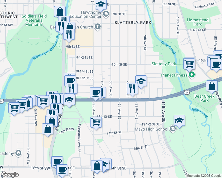 map of restaurants, bars, coffee shops, grocery stores, and more near 5th Avenue Southeast in Rochester