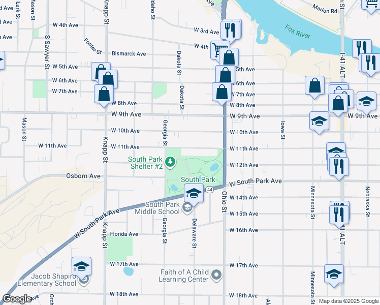 map of restaurants, bars, coffee shops, grocery stores, and more near 713 West 11th Avenue in Oshkosh