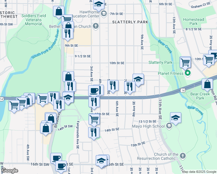 map of restaurants, bars, coffee shops, grocery stores, and more near 5th Avenue Southeast in Rochester