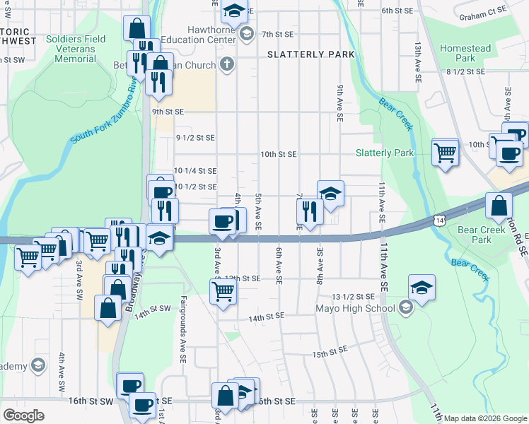 map of restaurants, bars, coffee shops, grocery stores, and more near 1111 6th Avenue Southeast in Rochester