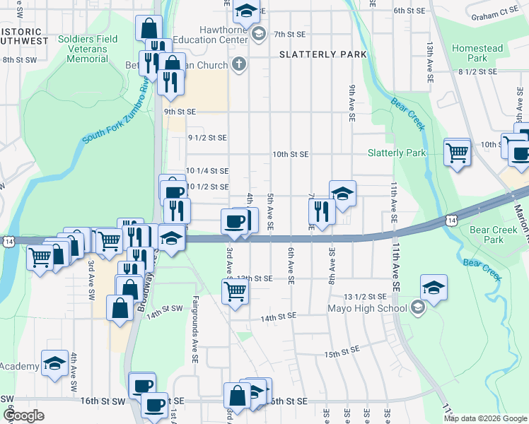map of restaurants, bars, coffee shops, grocery stores, and more near 1114 4th Avenue Southeast in Rochester