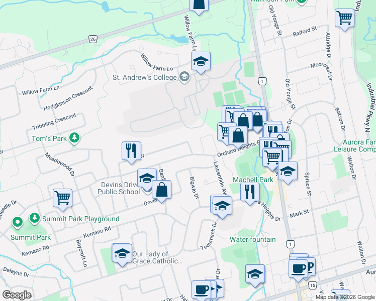 map of restaurants, bars, coffee shops, grocery stores, and more near 3 Hill Drive in Aurora