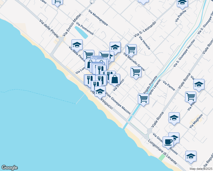 map of restaurants, bars, coffee shops, grocery stores, and more near 11 Piazza Giovanni Pellerano in Marina di Massa