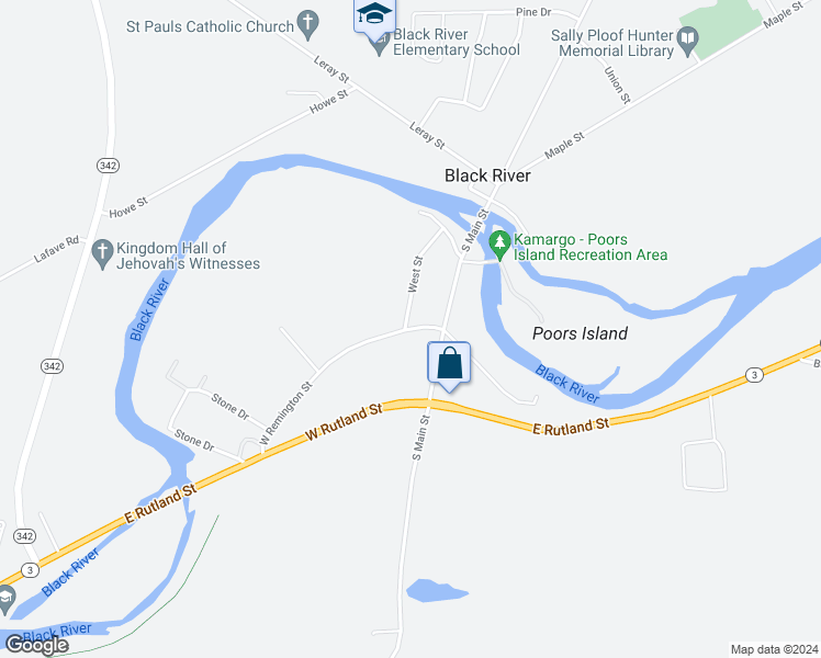 map of restaurants, bars, coffee shops, grocery stores, and more near 121 West Remington Street in Black River