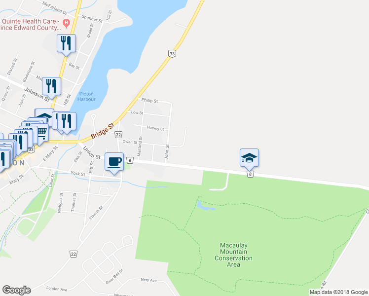 map of restaurants, bars, coffee shops, grocery stores, and more near 38 Owen Street in Prince Edward