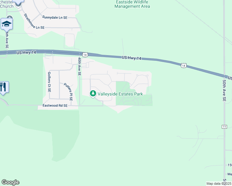 map of restaurants, bars, coffee shops, grocery stores, and more near 4400 Red Hawk Drive Southeast in Rochester
