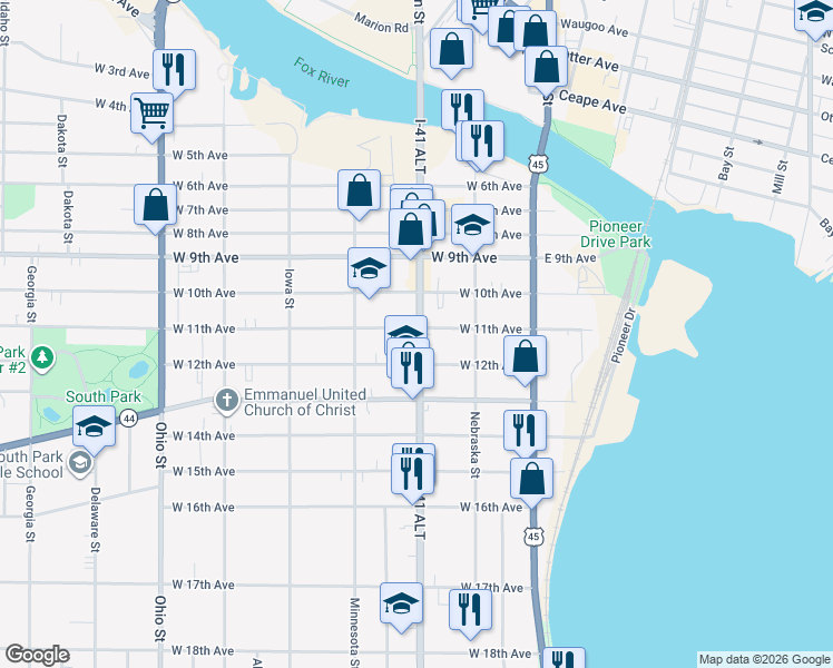 map of restaurants, bars, coffee shops, grocery stores, and more near 1103 Oregon Street in Oshkosh