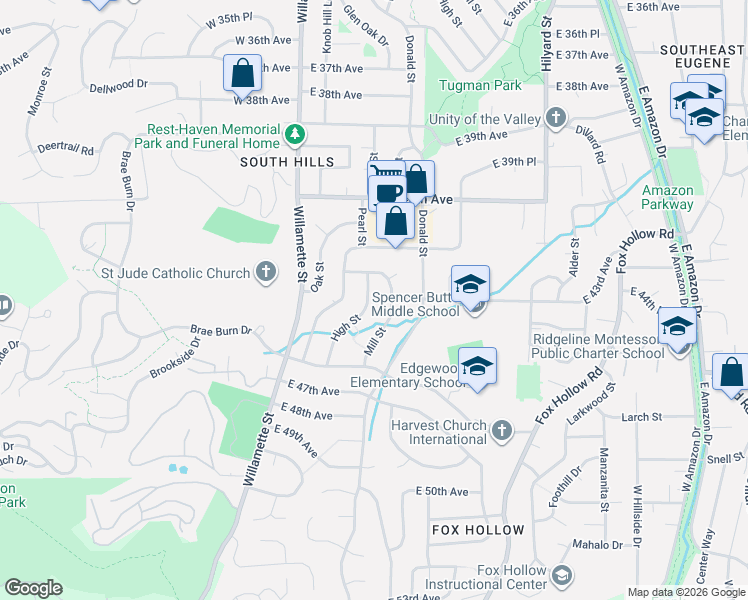 map of restaurants, bars, coffee shops, grocery stores, and more near 4315 High Street in Eugene