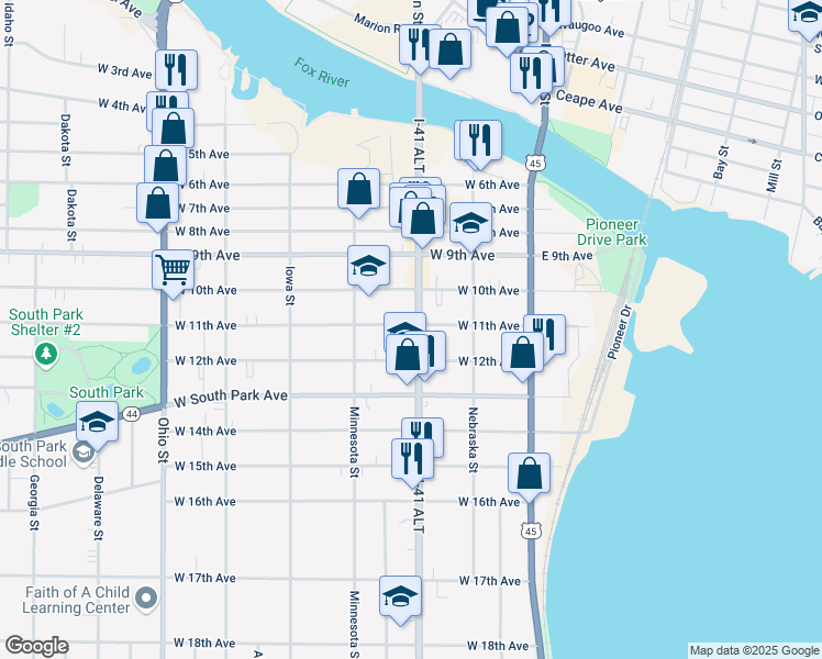 map of restaurants, bars, coffee shops, grocery stores, and more near 222 West 11th Avenue in Oshkosh