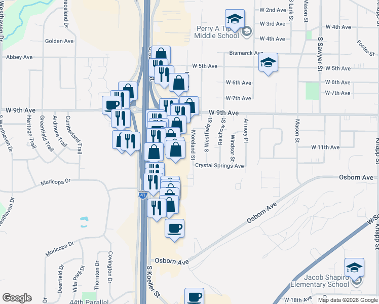 map of restaurants, bars, coffee shops, grocery stores, and more near 1108 Moreland Street in Oshkosh