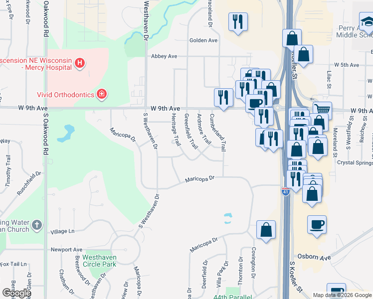 map of restaurants, bars, coffee shops, grocery stores, and more near 1140 Heritage Trail in Oshkosh