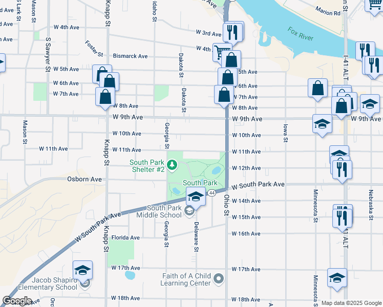 map of restaurants, bars, coffee shops, grocery stores, and more near 713 West 11th Avenue in Oshkosh