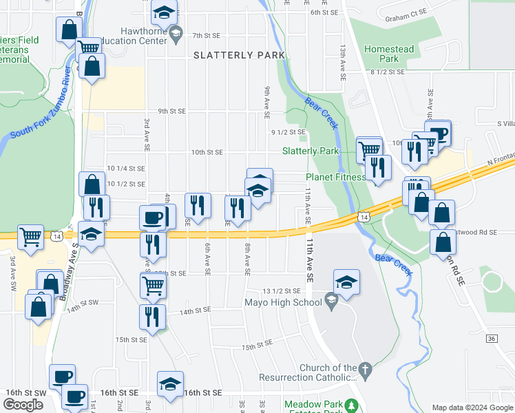 map of restaurants, bars, coffee shops, grocery stores, and more near 1122 8th Avenue Southeast in Rochester