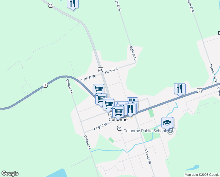 map of restaurants, bars, coffee shops, grocery stores, and more near 6 Cedar Street in Colborne
