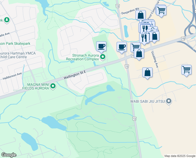 map of restaurants, bars, coffee shops, grocery stores, and more near 327 Touch Gold Crescent in Aurora