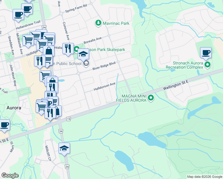 map of restaurants, bars, coffee shops, grocery stores, and more near 112 Weslock Crescent in Aurora