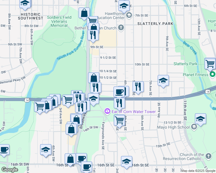 map of restaurants, bars, coffee shops, grocery stores, and more near 212 11th St SE in Rochester