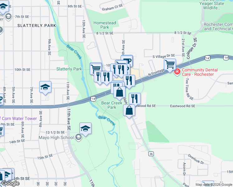 map of restaurants, bars, coffee shops, grocery stores, and more near 1207 Marion Road Southeast in Rochester