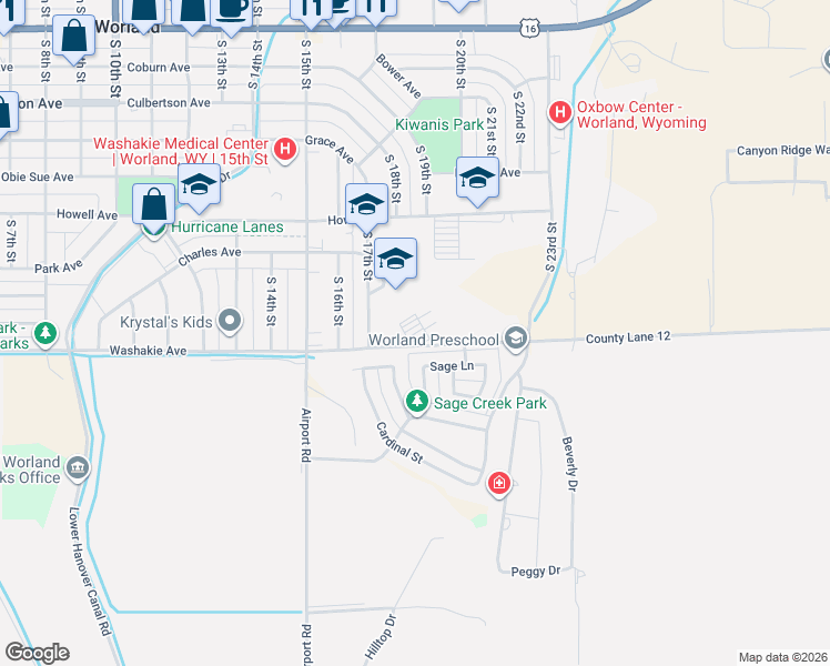 map of restaurants, bars, coffee shops, grocery stores, and more near 1701 Washakie Avenue in Worland