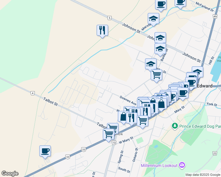 map of restaurants, bars, coffee shops, grocery stores, and more near 19 Jasper Avenue in Prince Edward
