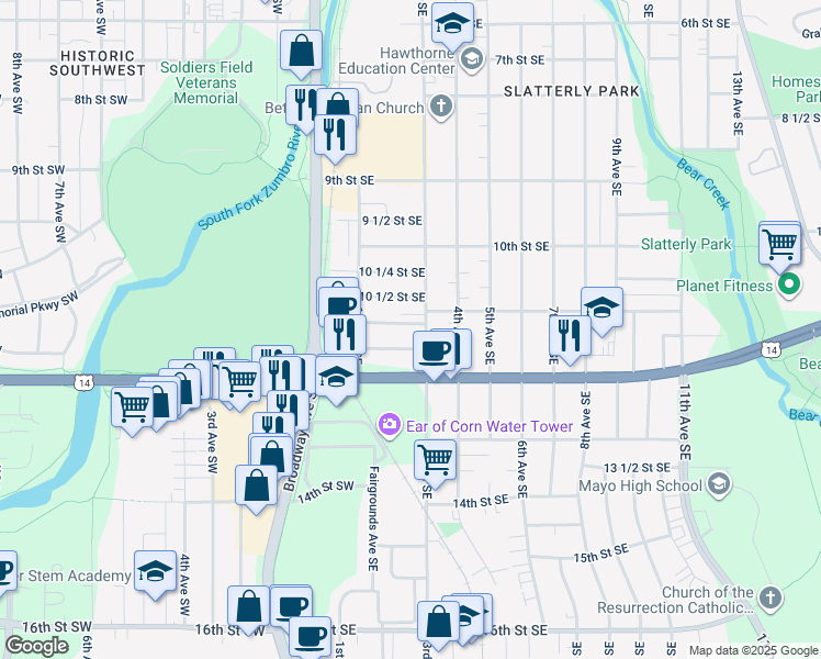 map of restaurants, bars, coffee shops, grocery stores, and more near 212 11th Street Southeast in Rochester