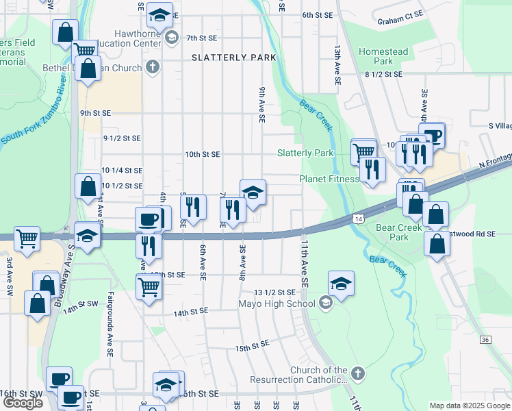 map of restaurants, bars, coffee shops, grocery stores, and more near 1122 8th Avenue Southeast in Rochester
