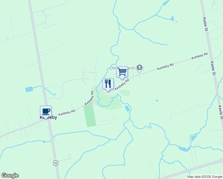 map of restaurants, bars, coffee shops, grocery stores, and more near 440 Kettleby Road in King City