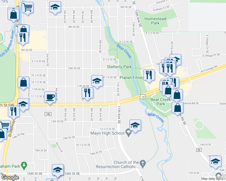 map of restaurants, bars, coffee shops, grocery stores, and more near 1007 11 1/2 Street Southeast in Rochester