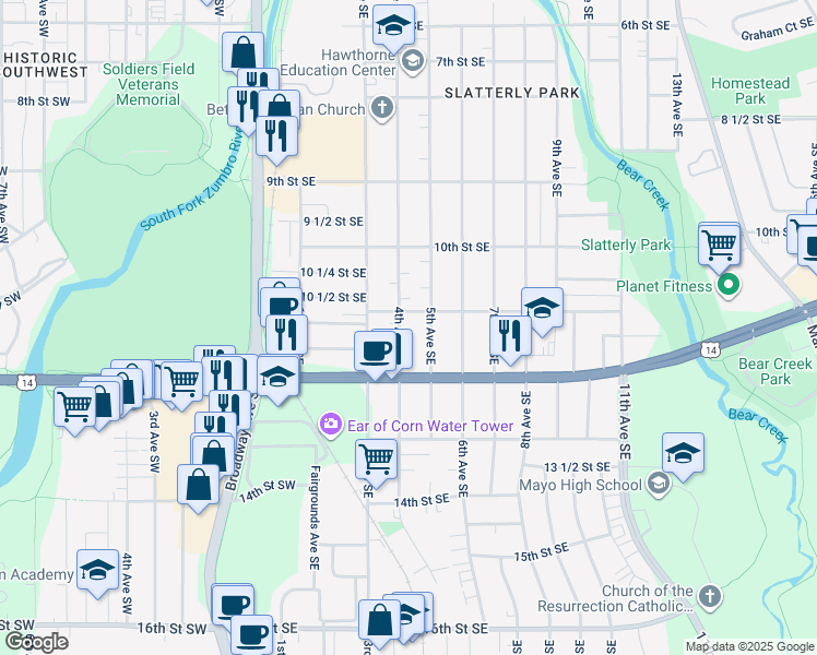 map of restaurants, bars, coffee shops, grocery stores, and more near 1114 4th Avenue Southeast in Rochester