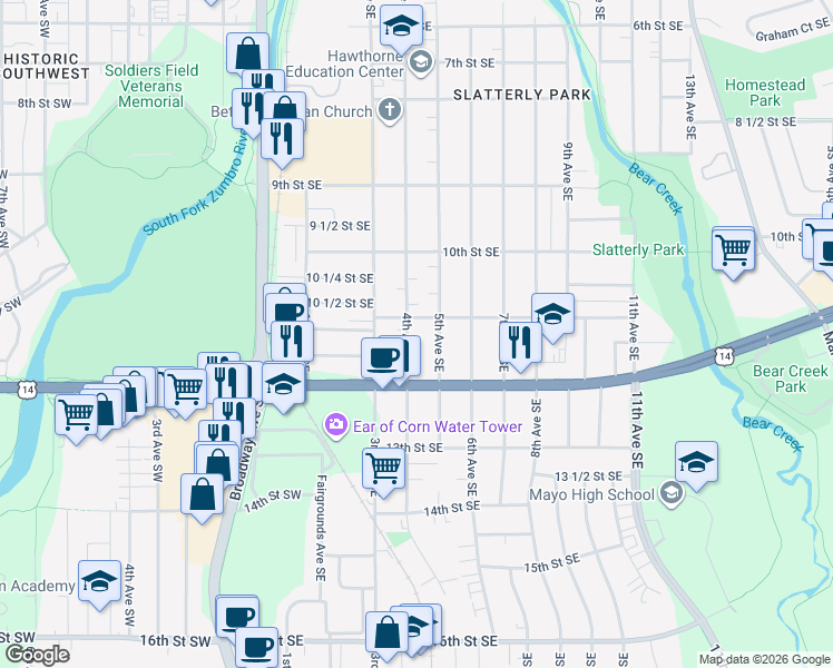 map of restaurants, bars, coffee shops, grocery stores, and more near 1114 4th Avenue Southeast in Rochester