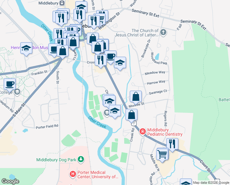 map of restaurants, bars, coffee shops, grocery stores, and more near 68 Court Street in Middlebury