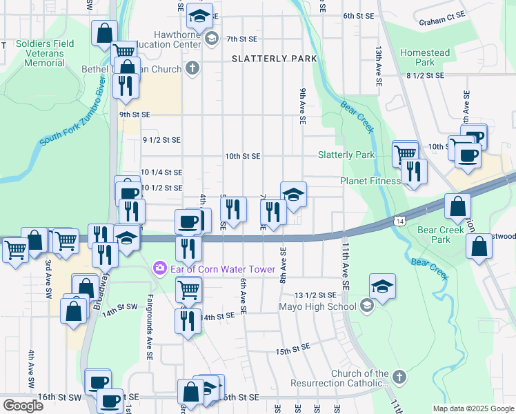 map of restaurants, bars, coffee shops, grocery stores, and more near 1111 7th Avenue Southeast in Rochester