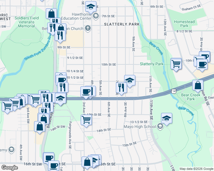 map of restaurants, bars, coffee shops, grocery stores, and more near 1111 6th Avenue Southeast in Rochester