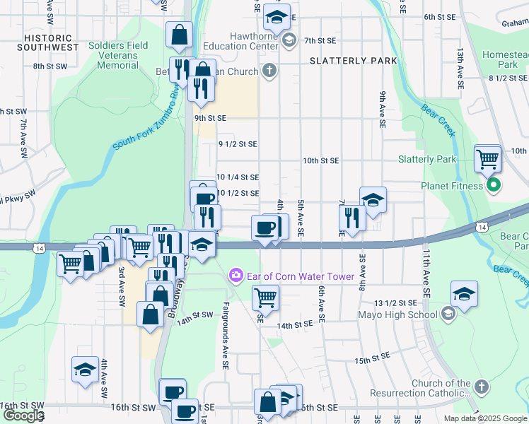 map of restaurants, bars, coffee shops, grocery stores, and more near 1112 3rd Avenue Southeast in Rochester
